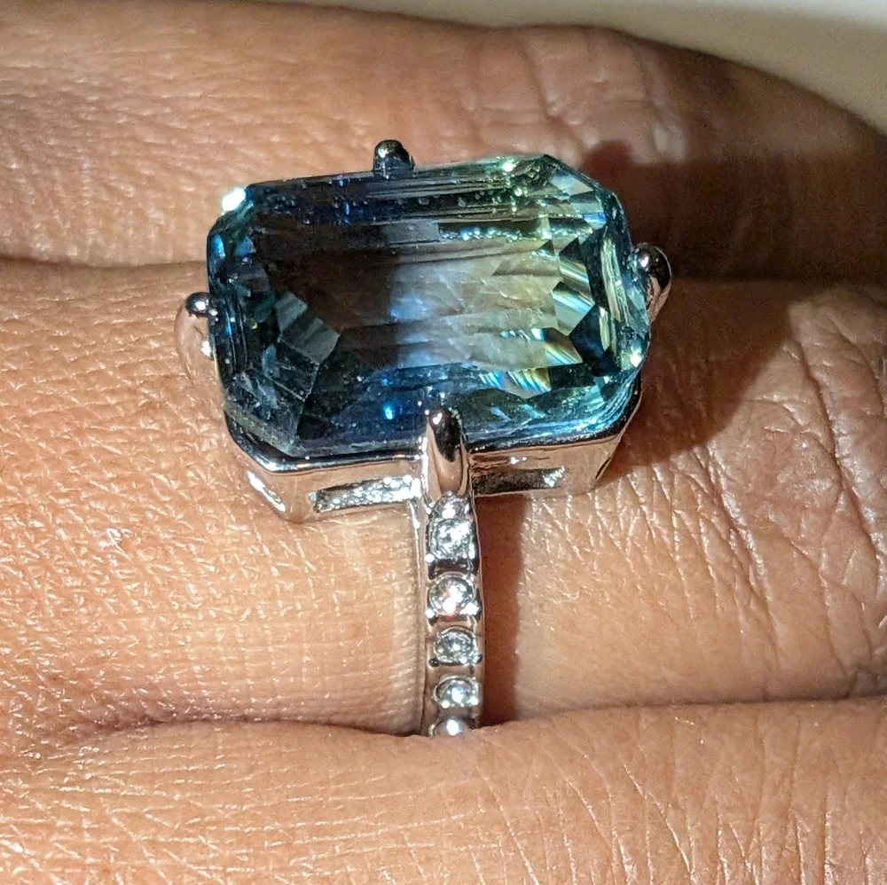 Blue/Green Tourmaline Ring, 14K White Gold Plated Double Color Gemstone Sz 6
